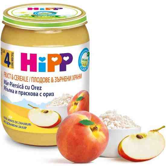 HIPP БИО Праскова и ябълка с пълнозърнест ориз 190гр. след 4 месец