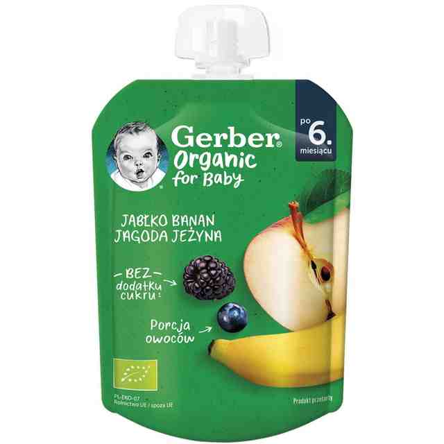 Nestle GERBER Organic Плодова закуска Ябълка, Банан, Боровинка, Къпина, 6м, 80г