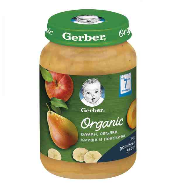 Nestle GERBER Organic Пюре Банан, ябълка, круша и праскова, от 7-ия месец, 190 гр.