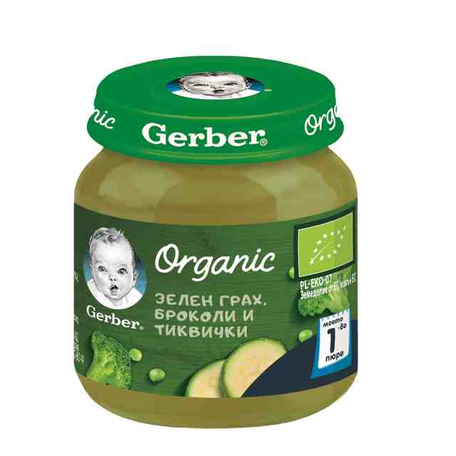 Nestle GERBER Organic Пюре Зелен грах броколи и тиквички, 125 гр.