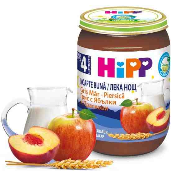 HIPP БИО Млечна каша Лека нощ грис с ябълки и праскови 190гр. след 4 месец