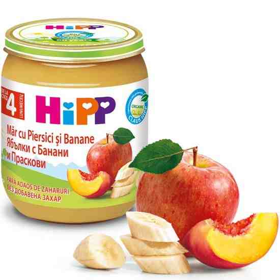 HIPP БИО пюре Ябълки с банани и праскови 125гр. след 4 месец