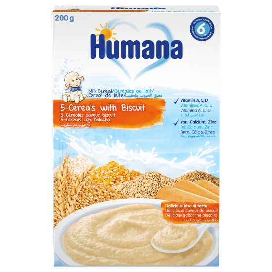 Humana Инстантна млечна каша 5 Зърна с бисквити 200гр. над 6 месеца