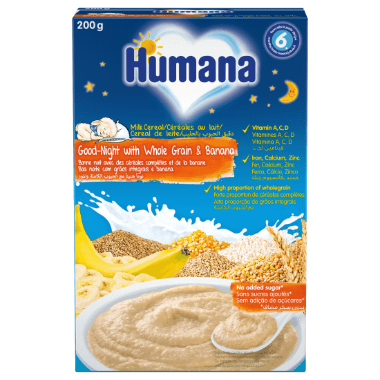 Humana Инстантна млечна пълнозърнеста лека нощ каша с банан 200гр над 6 месеца