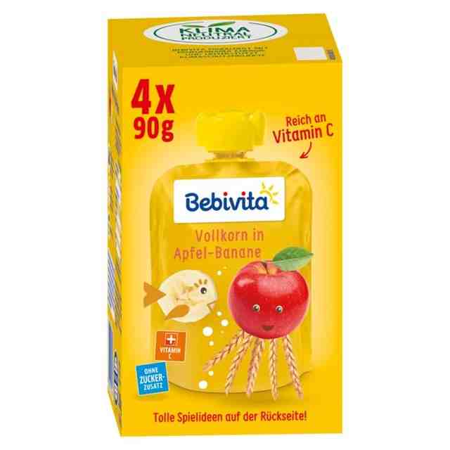 Bebivita Плодова закуска-пауч пълнозърнести култури с ябълка и банан 90гр. от 1год.