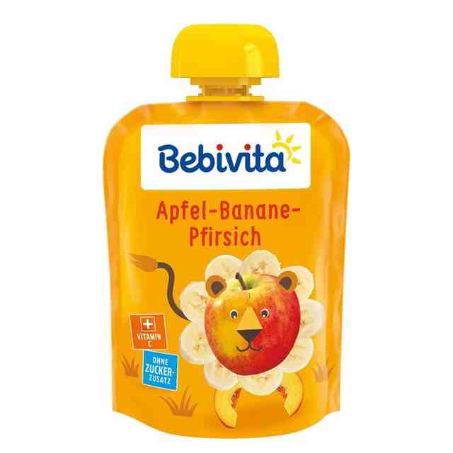Bebivita Плодова закуска-пауч ябълка, банан и праскова 90 гр. от 1 год.