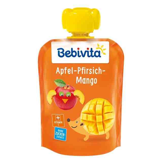 Bebivita Плодова закуска-пауч ябълка, манго и праскова 90 гр. от 1 год.